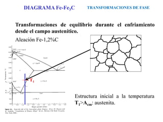 Transformaciones de equilibrio durante el enfriamiento
desde el campo austenítico.
Aleación Fe-1,2%C
Estructura inicial a la temperatura
T1>Acm: austenita.
T1
TRANSFORMACIONES DE FASE
DIAGRAMA Fe-Fe3C
 