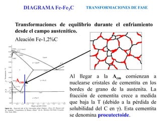 Transformaciones de equilibrio durante el enfriamiento
desde el campo austenítico.
Aleación Fe-1,2%C
Al llegar a la Acm comienzan a
nuclearse cristales de cementita en los
bordes de grano de la austenita. La
fracción de cementita crece a medida
que baja la T (debido a la pérdida de
solubilidad del C en γ). Esta cementita
se denomina proeutectoide.
TRANSFORMACIONES DE FASE
DIAGRAMA Fe-Fe3C
Acm
 