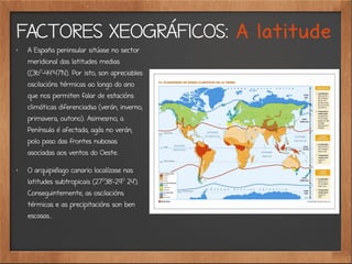 FACTORES XEOGRÁFICOS: A latitude
✗ A España peninsular sitúase no sector
meridional das latitudes medias
((36O
-44o
47'N). Por isto, son apreciables
oscilacións térmicas ao longo do ano
que nos permiten falar de estacións
climáticas diferenciadsa (verán, inverno,
primavera, outono). Asimesmo, a
Península é afectada, agás no verán,
polo paso das frontes nubosas
asociadas aos ventos do Oeste.
✗ O arquipiélago canario localízase nas
latitudes subtropicais (27O
38'-29O
24').
Conseguintemente, as oscilacións
térmicas e as precipitacións son ben
escasas..
 