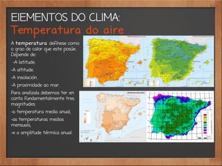 ElEMENTOS DO CLIMA:
Temperatura do aire
A temperatura defínese como
o grao de calor que este posúe.
Depende de:
-A latitude.
-A altitude.
-A insolación.
-A proximidade ao mar.
Para analizala debemos ter en
conta fundamentalmente tres
magnitudes:
-a temperatura media anual,
-as temperaturas medias
mensuais,
-e a amplitude térmica anual.
 