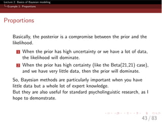 Lecture 2: Basics of Bayesian modeling
Example 1: Proportions
Proportions
Basically, the posterior is a compromise between the prior and the
likelihood.
1 When the prior has high uncertainty or we have a lot of data,
the likelihood will dominate.
2 When the prior has high certainty (like the Beta(21,21) case),
and we have very little data, then the prior will dominate.
So, Bayesian methods are particularly important when you have
little data but a whole lot of expert knowledge.
But they are also useful for standard psycholinguistic research, as I
hope to demonstrate.
43 / 83
 