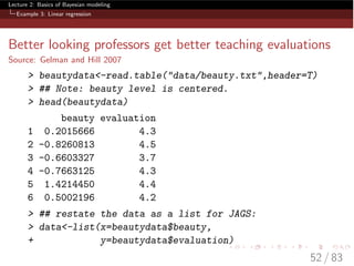 Lecture 2: Basics of Bayesian modeling
Example 3: Linear regression
Better looking professors get better teaching evaluations
Source: Gelman and Hill 2007
> beautydata<-read.table("data/beauty.txt",header=T)
> ## Note: beauty level is centered.
> head(beautydata)
beauty evaluation
1 0.2015666 4.3
2 -0.8260813 4.5
3 -0.6603327 3.7
4 -0.7663125 4.3
5 1.4214450 4.4
6 0.5002196 4.2
> ## restate the data as a list for JAGS:
> data<-list(x=beautydata$beauty,
+ y=beautydata$evaluation)
52 / 83
 