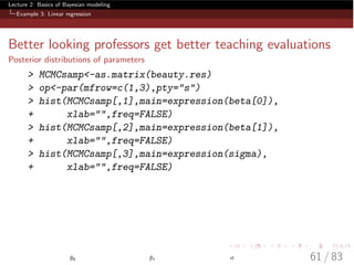 Lecture 2: Basics of Bayesian modeling
Example 3: Linear regression
Better looking professors get better teaching evaluations
Posterior distributions of parameters
> MCMCsamp<-as.matrix(beauty.res)
> op<-par(mfrow=c(1,3),pty="s")
> hist(MCMCsamp[,1],main=expression(beta[0]),
+ xlab="",freq=FALSE)
> hist(MCMCsamp[,2],main=expression(beta[1]),
+ xlab="",freq=FALSE)
> hist(MCMCsamp[,3],main=expression(sigma),
+ xlab="",freq=FALSE)
β0 β1 σ 61 / 83
 
