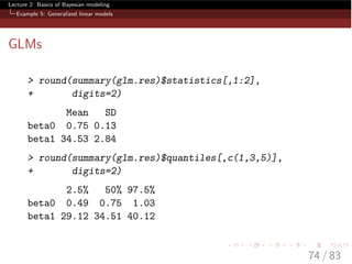 Lecture 2: Basics of Bayesian modeling
Example 5: Generalized linear models
GLMs
> round(summary(glm.res)$statistics[,1:2],
+ digits=2)
Mean SD
beta0 0.75 0.13
beta1 34.53 2.84
> round(summary(glm.res)$quantiles[,c(1,3,5)],
+ digits=2)
2.5% 50% 97.5%
beta0 0.49 0.75 1.03
beta1 29.12 34.51 40.12
74 / 83
 