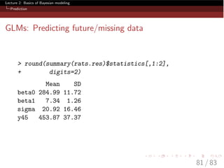 Lecture 2: Basics of Bayesian modeling
Prediction
GLMs: Predicting future/missing data
> round(summary(rats.res)$statistics[,1:2],
+ digits=2)
Mean SD
beta0 284.99 11.72
beta1 7.34 1.26
sigma 20.92 16.46
y45 453.87 37.37
81 / 83
 