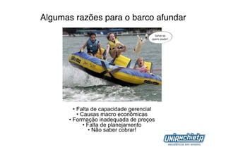 Algumas razões para o barco afundar"




          •  Falta de capacidade gerencial
             •  Causas macro econômicas
       •  Formação inadequada de preços
                 •  Falta de planejamento
                     •  Não saber cobrar!
 