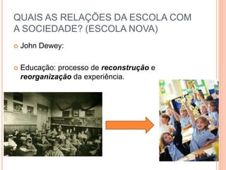  John Dewey:
 Educação: processo de reconstrução e
reorganização da experiência.
QUAIS AS RELAÇÕES DA ESCOLA COM
A SOCIEDADE? (ESCOLA NOVA)
 