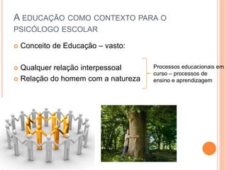  Conceito de Educação – vasto:
 Qualquer relação interpessoal
 Relação do homem com a natureza
A EDUCAÇÃO COMO CONTEXTO PARA O
PSICÓLOGO ESCOLAR
Processos educacionais em
curso – processos de
ensino e aprendizagem
 