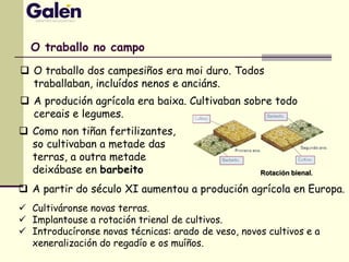 O traballo no campo
 O traballo dos campesiños era moi duro. Todos
traballaban, incluídos nenos e anciáns.
 A produción agrícola era baixa. Cultivaban sobre todo
cereais e legumes.
 Como non tiñan fertilizantes,
so cultivaban a metade das
terras, a outra metade
deixábase en barbeito Rotación bienal.
 A partir do século XI aumentou a produción agrícola en Europa.
 Cultiváronse novas terras.
 Implantouse a rotación trienal de cultivos.
 Introducíronse novas técnicas: arado de veso, novos cultivos e a
xeneralización do regadío e os muíños.
 
