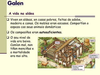  Viven en aldeas, en casas pobres, feitas de adobe,
madeira e canas. Os mobles eran escasos. Compartían o
espazo cos seus animais domésticos
 Os campesiños eran autosuficientes.
A vida na aldea
 O seu nivel de
vida era baixo.
Comían mal, non
tiñan menciñas e
a mortalidade
era moi alta.
 