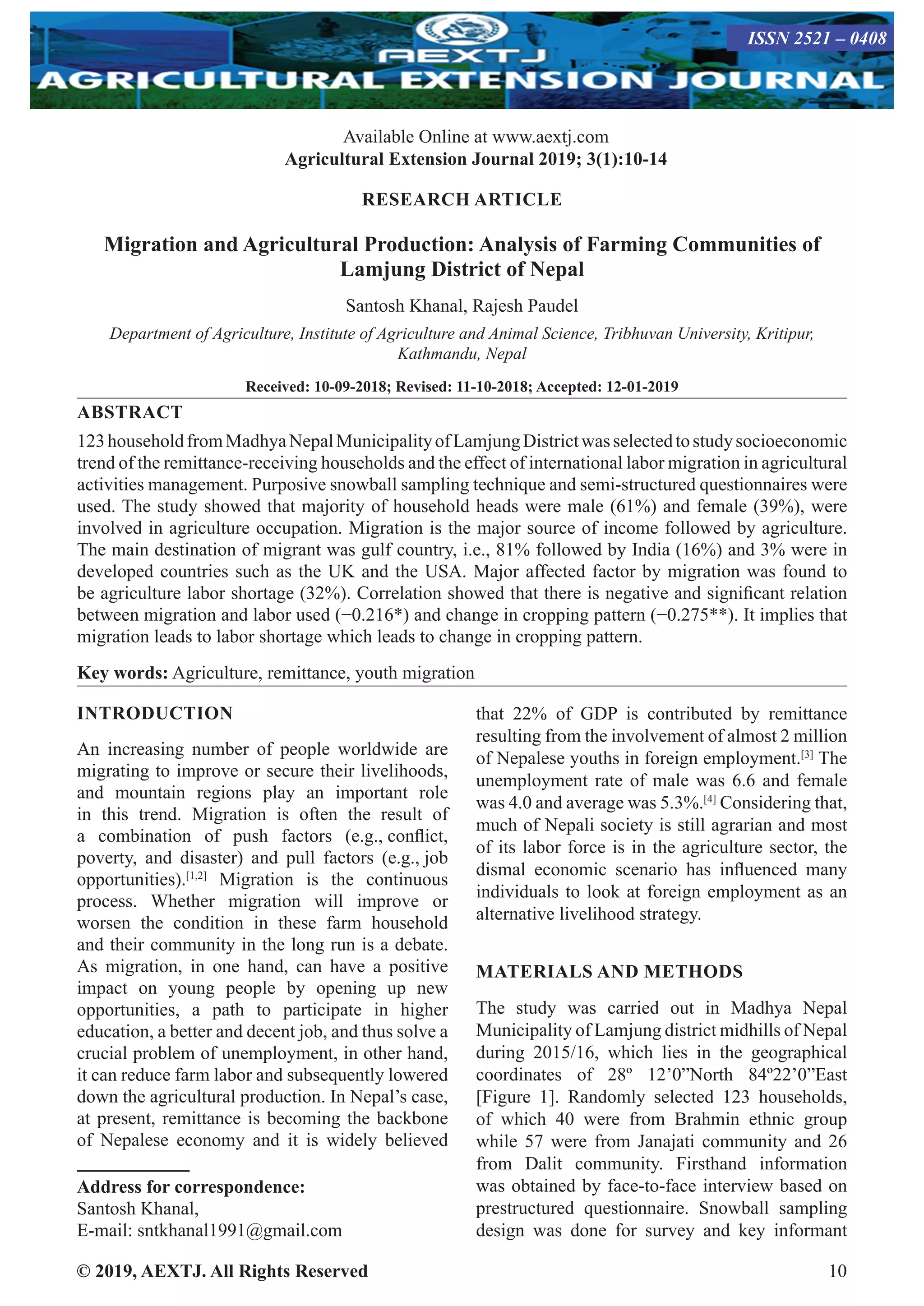 Migration and Agricultural Production: Analysis of Farming Communities ...