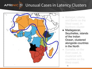 Unusual Cases in Latency Clusters
● Senegal, Liberia
and Benin on the
West coast, in
Northern cluster
● Madagascar,
Seychelles, islands
of the Indian
Ocean, clustered
alongside countries
in the North
● Somalia, on the
East coast, is
clustered with
countries on the
West coast.
15
 