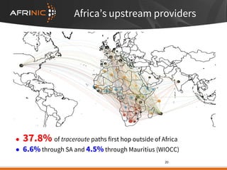 Africa’s upstream providers
● 37.8% of traceroute paths first hop outside of Africa
● 6.6% through SA and 4.5% through Mauritius (WIOCC)
20
 