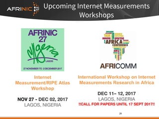 Upcoming Internet Measurements
Workshops
Internet
Measurement/RIPE Atlas
Workshop
NOV 27 - DEC 02, 2017
LAGOS, NIGERIA
International Workshop on Internet
Measurements Research in Africa
DEC 11– 12, 2017
LAGOS, NIGERIA
!!CALL FOR PAPERS UNTIL 17 SEPT 2017!!
28
 