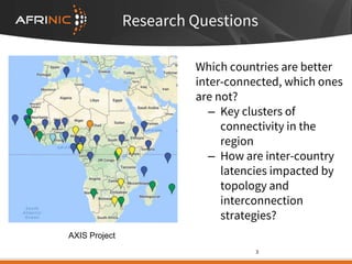 Research Questions
Which countries are better
inter-connected, which ones
are not?
– Key clusters of
connectivity in the
region
– How are inter-country
latencies impacted by
topology and
interconnection
strategies?
3
AXIS Project
 