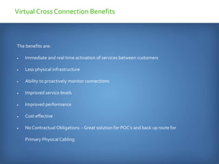Virtual Cross Connection Benefits
The benefits are:
 Immediate and real time activation of services between customers
 Less physical infrastructure
 Ability to proactively monitor connections
 Improved service levels
 Improved performance
 Cost effective
 No Contractual Obligations – Great solution for POC’s and back up route for
Primary Physical Cabling
 