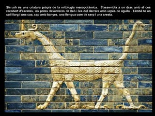 Sirrush és una criatura pròpia de la mitologia mesopotàmica. S'assembla a un drac amb el cos
recobert d'escates, les potes davanteres de lleó i les del darrere amb urpes de àguila . També té un
coll llarg i una cua, cap amb banyes, una llengua com de serp i una cresta.
 