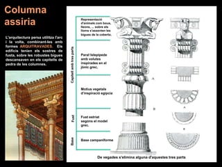 L'arquitectura persa utilitza l'arc
i la volta, combinant-les amb
formes ARQUITRAVADES. Els
edificis tenien els sostres de
fusta, sobre les robustes bigues
descansaven en els capitells de
pedra de les columnes.
Base campaniforme
Fust estriat
segons el model
grec.
.
Capitellambtresparts
Representació
d'animals com bous,
lleons, ... sobre els
lloms s'assenten les
bigues de la coberta.
Paral·lelepípede
amb volutes
inspirades en el
jònic grec,
Motius vegetals
d’inspiració egípcia
FustBase
Columna
assiria
De vegades s'elimina alguna d'aquestes tres parts
 