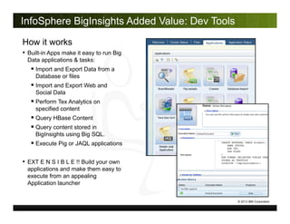 InfoSphere BigInsights Added Value: Dev Tools
How it works
• Built-in Apps make it easy to run Big
Data applications & tas...