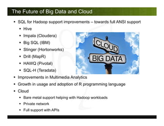 The Future of Big Data and Cloud
 SQL for Hadoop support improvements – towards full ANSI support
 Hive
 Impala (Cloude...