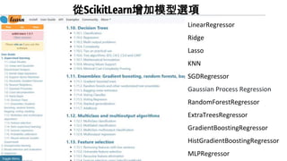 LinearRegressor
Ridge
Lasso
KNN
SGDRegressor
Gaussian Process Regression
RandomForestRegressor
ExtraTreesRegressor
GradientBoostingRegressor
HistGradientBoostingRegressor
MLPRegressor
從ScikitLearn增加模型選項
 