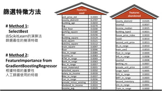 篩選特徵方法
unit_price_std 0.4303
county_district3 0.2707
building_age 0.0659
lng 0.0270
total_floor 0.0200
parking_square 0.0180
lat 0.0156
building_square 0.0124
land_square 0.0121
balcony_square 0.0112
main_square 0.0097
floor 0.0096
Hos_in_range 0.0084
income_cv 0.0083
ATM_in_range 0.0069
Bank_in_range 0.0063
Bus_in_range 0.0057
main_materials2 0.0055
attached_square 0.0050
salary_to_income 0.0039
Bike_in_range 0.0037
Con_in_range 0.0036
presale_minus_existing 0.0034
dividend_to_income 0.0033
income_avg 0.0029
county_district2 0.0105
county2 0.0037
income_median 0.0025
building_type2 0.0021
house_price_index 0.0020
road2 0.0014
second_unit_price 0.0013
ES_in_range 0.0010
main_use2 0.0010
Post_in_range 0.0009
JHS_in_range 0.0008
county3 0.0008
parking_no 0.0007
presale_unit_price 0.0007
usage_type2 0.0005
SHS_in_range 0.0003
MRT_in_range 0.0003
second_inventory 0.0002
Uni_in_range 0.0001
Train_in_range 0.0000
# Method 1:
SelectBest
由ScikitLearn的演算法
篩選最佳的幾項特徵
# Method 2:
FeatureImportance from
GradientBoostingRegressor
根據特徵的重要性
人工篩選使用的特徵
Features
abandoned
Features
used
 