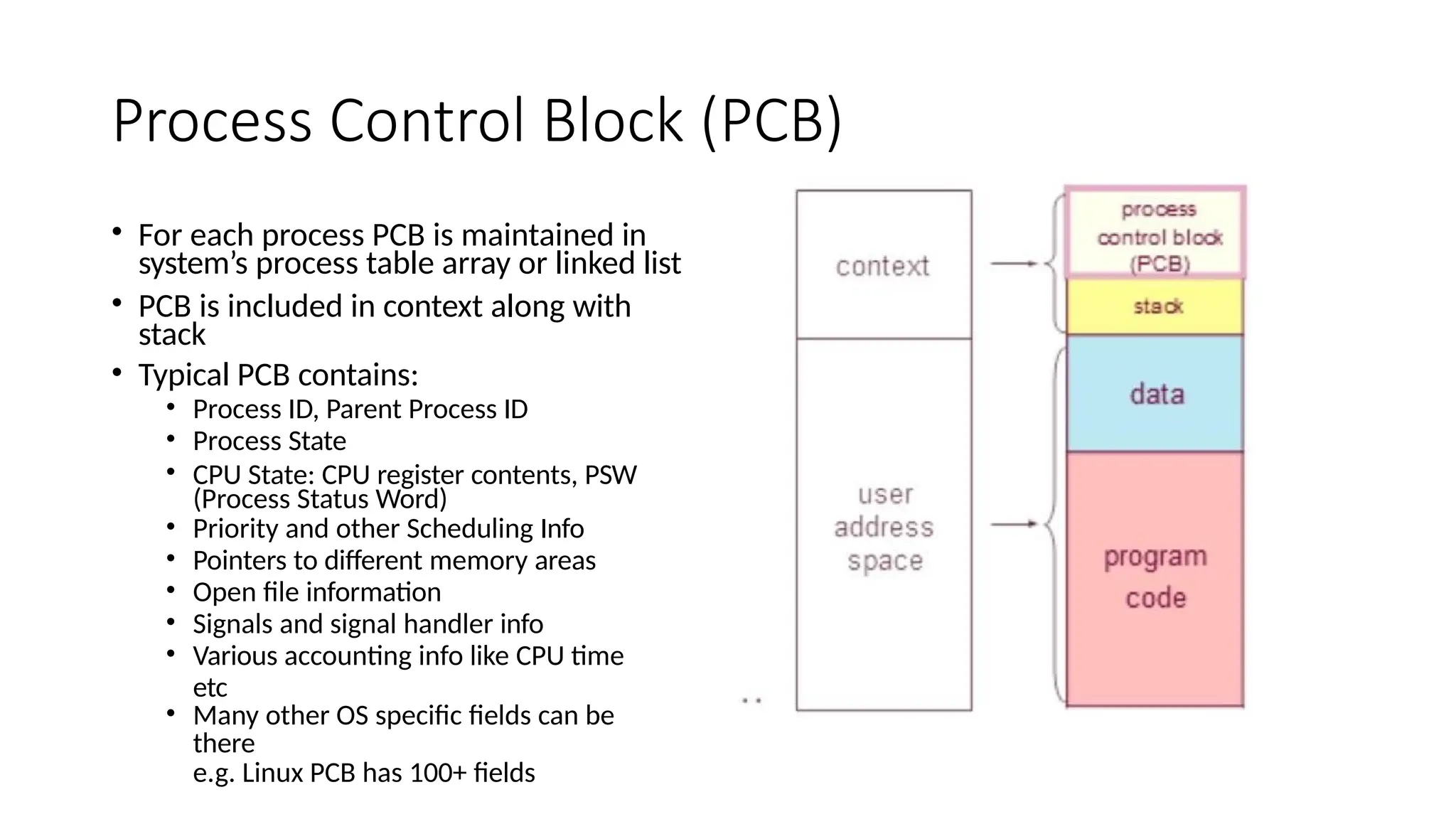 Process Control Block (PCB)
• For each process PCB is maintained in
system’s process table array or linked list
• PCB is included in context along with
stack
• Typical PCB contains:
• Process ID, Parent Process ID
• Process State
• CPU State: CPU register contents, PSW
(Process Status Word)
• Priority and other Scheduling Info
• Pointers to different memory areas
• Open file information
• Signals and signal handler info
• Various accounting info like CPU time
etc
• Many other OS specific fields can be
there
e.g. Linux PCB has 100+ fields
 