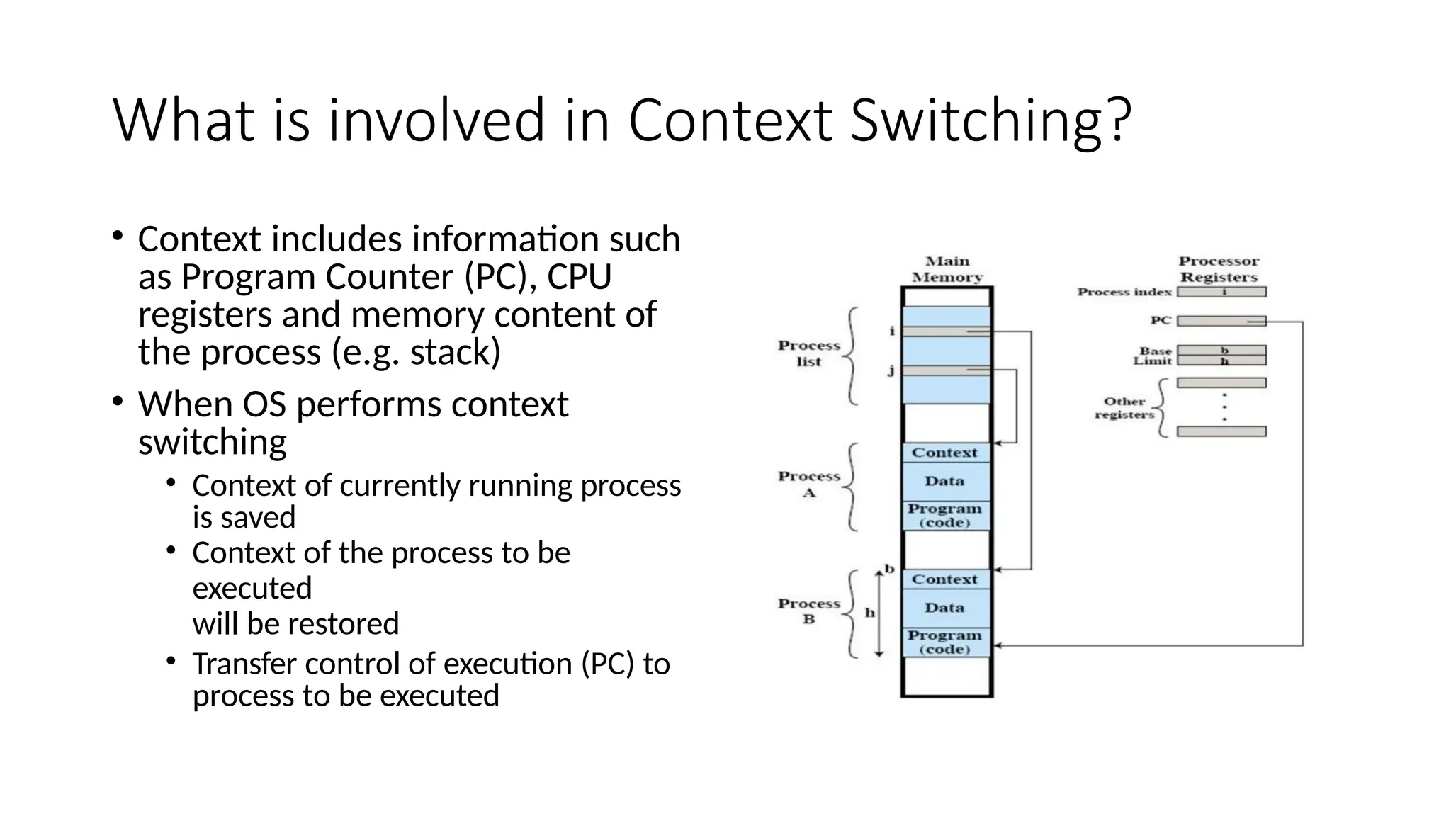 What is involved in Context Switching?
• Context includes information such
as Program Counter (PC), CPU
registers and memory content of
the process (e.g. stack)
• When OS performs context
switching
• Context of currently running process
is saved
• Context of the process to be
executed
will be restored
• Transfer control of execution (PC) to
process to be executed
 