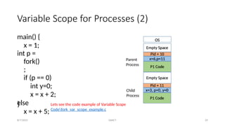 Variable Scope for Processes (2)
main() {
x = 1;
int p =
fork()
;
if (p == 0)
int y=0;
x = x + 2;
else
x = x + 5;
}
8/7/2025 DAIICT 29
Pid = 10
x=6,p=11
P1 Code
OS
Empty Space
Empty Space
Pid = 11
x=3, p=0, y=0
P1 Code
Parent
Process
Child
Process
Lets see the code example of Variable Scope
Codefork_var_scope_example.c
 