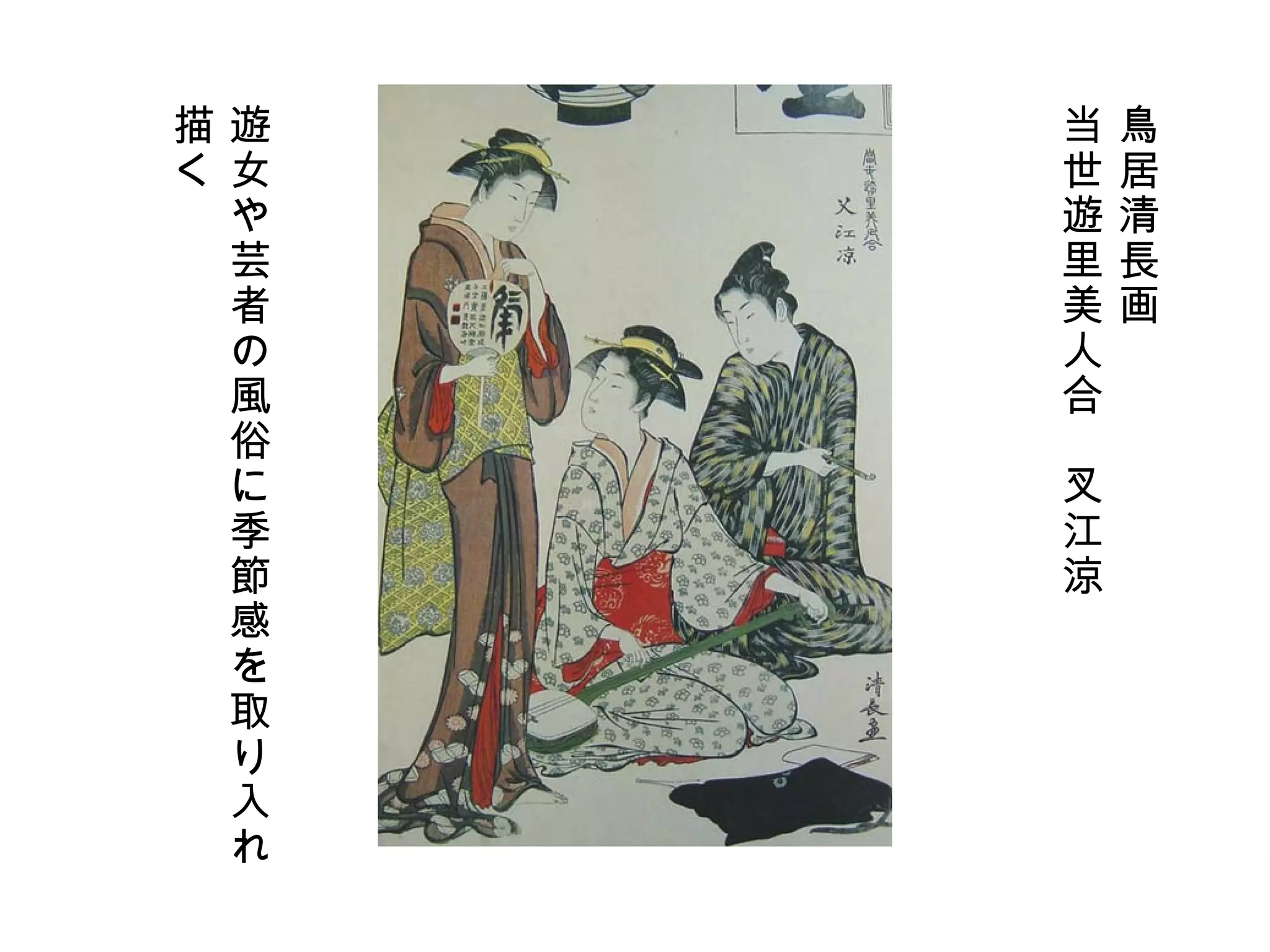 鳥居清長画 当世遊里美人合　叉江涼 遊女や芸者の風俗に季節感を取り入れ 描く 