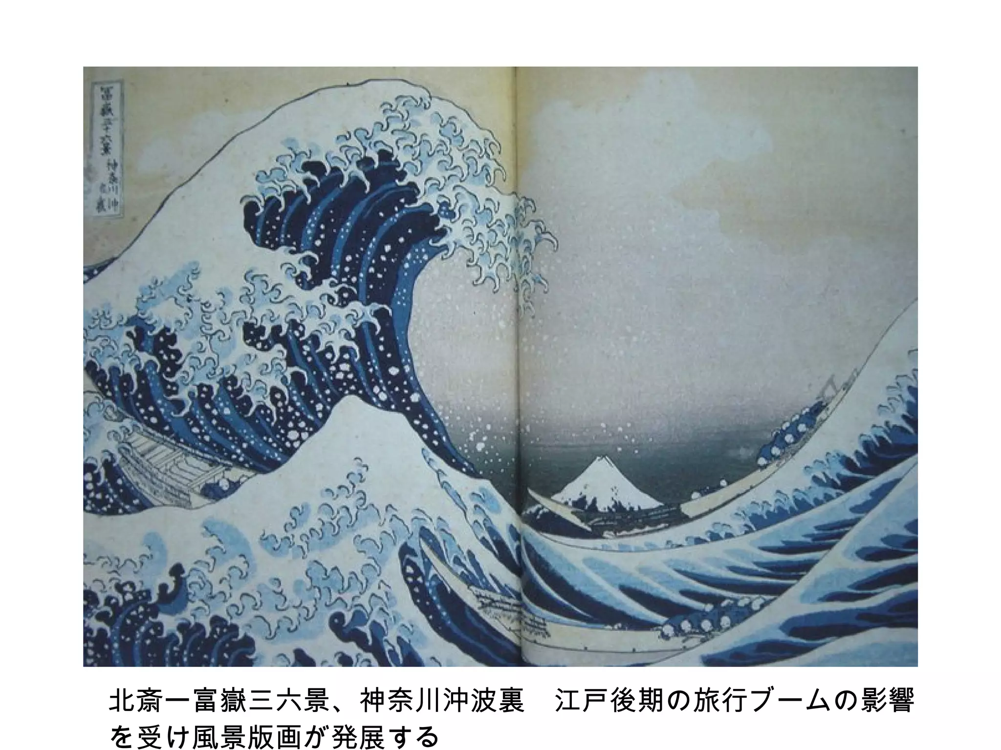 北斎ー富嶽三六景、神奈川沖波裏　江戸後期の旅行ブームの影響 を受け風景版画が発展する 