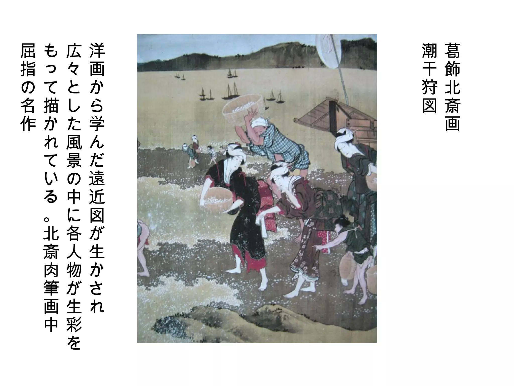 葛飾北斎画 潮干狩図 洋画から学んだ遠近図が生かされ 広々とした風景の中に各人物が生彩を もって描かれている。北斎肉筆画中 屈指の名作 