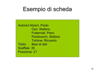 Esempio di scheda
Autore/i:Atzeni, Paolo
Ceri, Stefano
Fraternali, Piero
Paraboschi, Stefano
Torlone, Riccardo
Titolo:
Basi di dati
Scaffale: 35
Posizione: 21

16

 