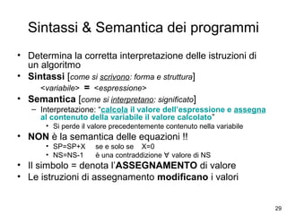 Sintassi & Semantica dei programmi
• Determina la corretta interpretazione delle istruzioni di
un algoritmo
• Sintassi [come si scrivono: forma e struttura]
<variabile> = <espressione>
• Semantica [come si interpretano: significato]
– Interpretazione: “calcola il valore dell’espressione e assegna
al contenuto della variabile il valore calcolato”
• Si perde il valore precedentemente contenuto nella variabile

• NON è la semantica delle equazioni !!
• SP=SP+X
• NS=NS-1

se e solo se X=0
è una contraddizione ∀ valore di NS

• Il simbolo = denota l’ASSEGNAMENTO di valore
• Le istruzioni di assegnamento modificano i valori
29

 
