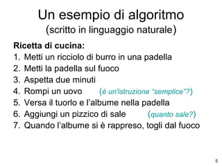 Un esempio di algoritmo
(scritto in linguaggio naturale)
Ricetta di cucina:
1. Metti un ricciolo di burro in una padella
2. Metti la padella sul fuoco
3. Aspetta due minuti
4. Rompi un uovo
(è un'istruzione “semplice”?)
5. Versa il tuorlo e l’albume nella padella
6. Aggiungi un pizzico di sale
(quanto sale?)
7. Quando l’albume si è rappreso, togli dal fuoco

5

 