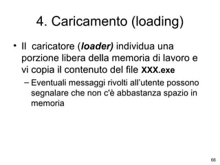 4. Caricamento (loading)
• Il caricatore (loader) individua una
porzione libera della memoria di lavoro e
vi copia il contenuto del file XXX.exe
– Eventuali messaggi rivolti all’utente possono
segnalare che non c'è abbastanza spazio in
memoria

66

 