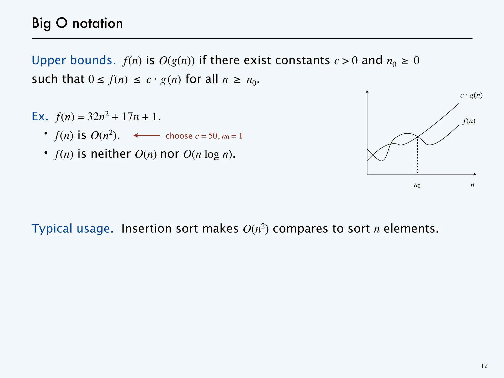 Big O notation
Upper bounds. f(n) is O(g(n)) if there exist constants c > 0 and n0 ≥ 0
such that 0 ≤ f(n) ≤ c · g(n) for all n ≥ n0.
Ex. f(n) = 32n2
+ 17n + 1.
・f(n) is O(n2
).
・f(n) is neither O(n) nor O(n log n).
Typical usage. Insertion sort makes O(n2
) compares to sort n elements.
12
choose c = 50, n0 = 1
c · g(n)
n
n0
f(n)
 