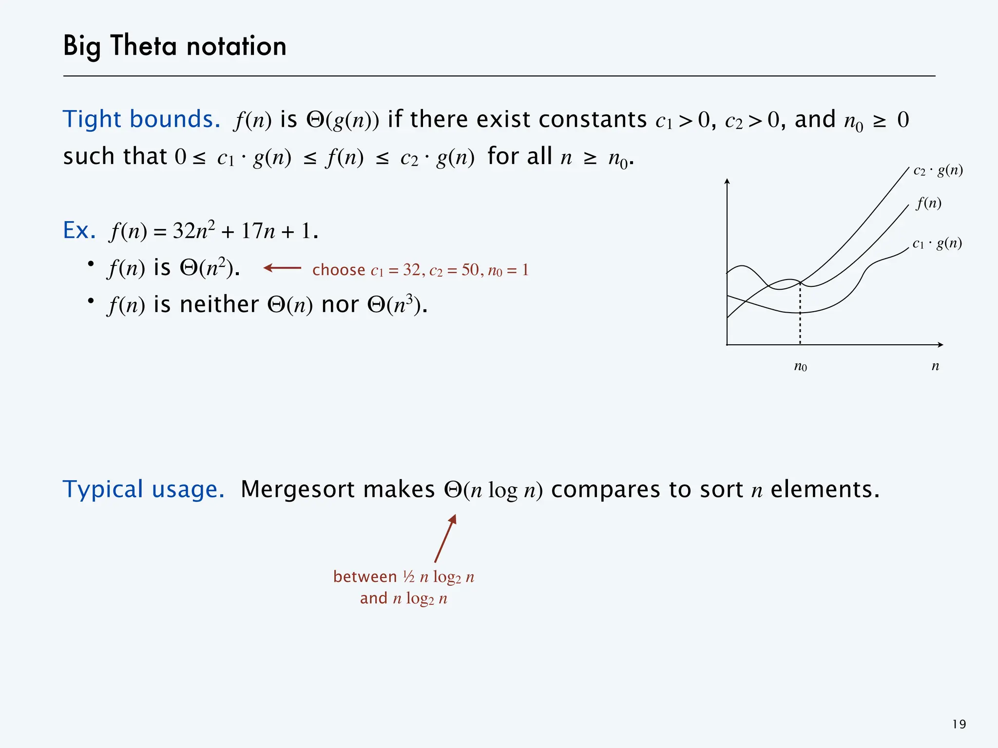 Big Theta notation
Tight bounds. f(n) is Θ(g(n)) if there exist constants c1 > 0, c2 > 0, and n0 ≥ 0
such that 0 ≤ c1 · g(n) ≤ f(n) ≤ c2 · g(n) for all n ≥ n0.
Ex. f(n) = 32n2
+ 17n + 1.
・f(n) is Θ(n2
).
・f(n) is neither Θ(n) nor Θ(n3
).
Typical usage. Mergesort makes Θ(n log n) compares to sort n elements.
19
choose c1 = 32, c2 = 50, n0 = 1
f(n)
n
n0
c1 · g(n)
c2 · g(n)
between ½ n log2 n
and n log2 n
 