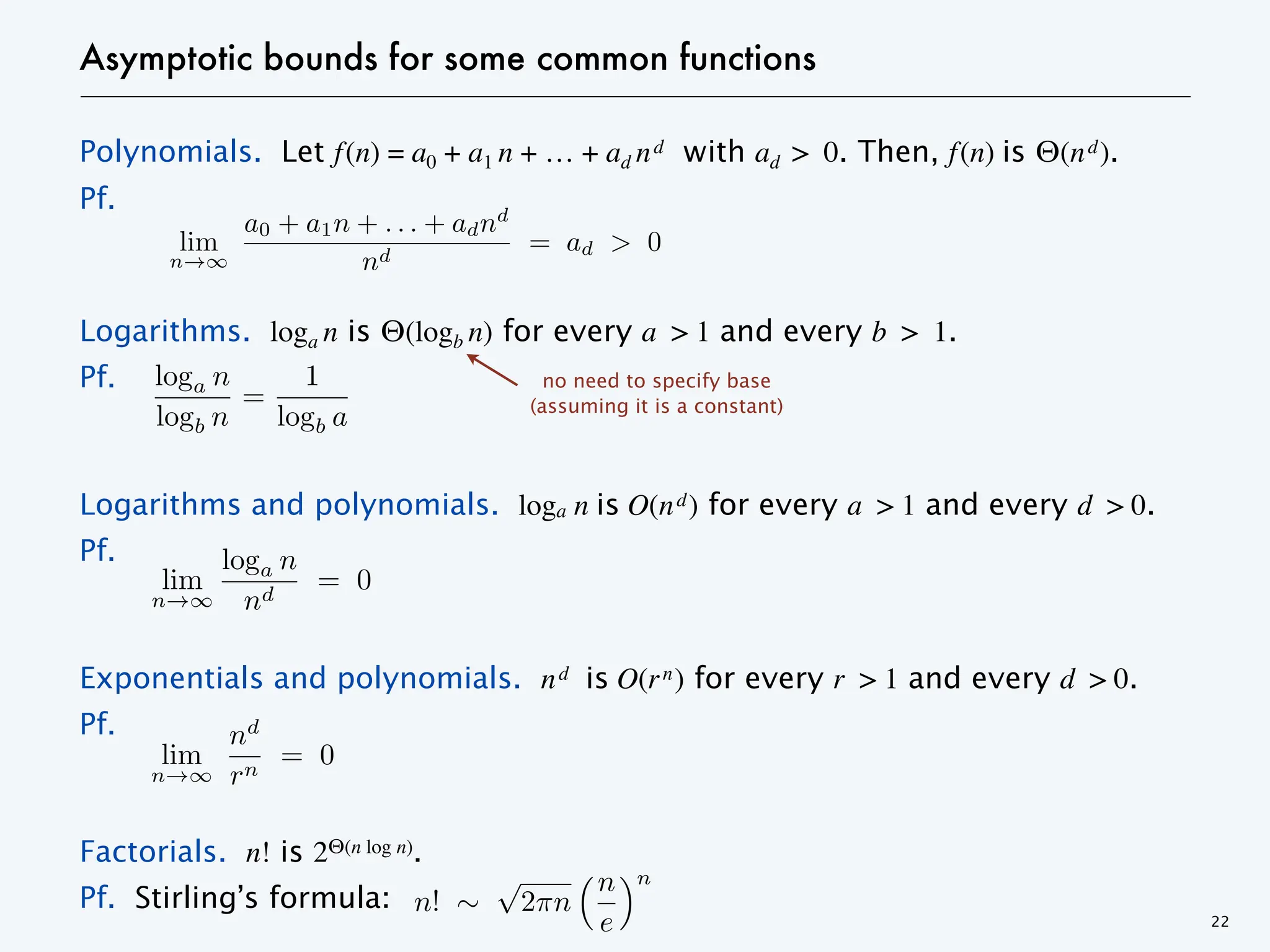 Asymptotic bounds for some common functions
Polynomials. Let f(n) = a0 + a1 n + … + ad nd with ad > 0. Then, f(n) is Θ(nd).
Pf.
Logarithms. loga n is Θ(logb n) for every a > 1 and every b > 1.
Pf.
Logarithms and polynomials. loga n is O(nd) for every a > 1 and every d > 0.
Pf.
Exponentials and polynomials. nd is O(rn) for every r > 1 and every d > 0.
Pf.
Factorials. n! is 2Θ(n log n).
Pf. Stirling’s formula:
22
no need to specify base
(assuming it is a constant)
lim
n
a0 + a1n + . . . + adnd
nd
= ad > 0
lim
n
nd
rn
= 0
n! 2 n
n
e
n
lim
n
loga n
nd
= 0
loga n
logb n
=
1
logb a
<latexit sha1_base64="DQO+CMgFJE1qjJ2qgd/1EHNxfVE=">AAACWHicbZDbSiNBEIZ7Zj3E4ybx0pvGIHgVZ0TQvVgQvNlLBaNCEkJNpyY29nQP3TWLYZjH8Gm8dR9i8WXsHBATLWj4+P/qrq4/yZV0FEX/g/DHyuraem1jc2t7Z/dnvdG8daawAjvCKGPvE3CopMYOSVJ4n1uELFF4lzxeTvy7v2idNPqGxjn2MxhpmUoB5KVB/biXWhBlT5nRALiuZpR44r/5zIs/RKj4oN6K2tG0+FeI59Bi87oaNIJmb2hEkaEmocC5bhzl1C/BkhQKq81e4TAH8Qgj7HrUkKHrl9PNKn7olSFPjfVHE5+qn2+UkDk3zhLfmQE9uGVvIn7ndQtKz/ul1HlBqMVsUFooToZPYuJDaVGQGnsAYaX/KxcP4OMgH+bClOnbOYqFTcqnQkthhrikKnoiC5VPMV7O7Ct0Ttq/2tH1aevifB5nje2zA3bEYnbGLtgfdsU6TLBn9sJe2b/gLQzC9XBj1hoG8zt7bKHC5ju/4bZS</latexit>
<latexit sha1_base64="DQO+CMgFJE1qjJ2qgd/1EHNxfVE=">AAACWHicbZDbSiNBEIZ7Zj3E4ybx0pvGIHgVZ0TQvVgQvNlLBaNCEkJNpyY29nQP3TWLYZjH8Gm8dR9i8WXsHBATLWj4+P/qrq4/yZV0FEX/g/DHyuraem1jc2t7Z/dnvdG8daawAjvCKGPvE3CopMYOSVJ4n1uELFF4lzxeTvy7v2idNPqGxjn2MxhpmUoB5KVB/biXWhBlT5nRALiuZpR44r/5zIs/RKj4oN6K2tG0+FeI59Bi87oaNIJmb2hEkaEmocC5bhzl1C/BkhQKq81e4TAH8Qgj7HrUkKHrl9PNKn7olSFPjfVHE5+qn2+UkDk3zhLfmQE9uGVvIn7ndQtKz/ul1HlBqMVsUFooToZPYuJDaVGQGnsAYaX/KxcP4OMgH+bClOnbOYqFTcqnQkthhrikKnoiC5VPMV7O7Ct0Ttq/2tH1aevifB5nje2zA3bEYnbGLtgfdsU6TLBn9sJe2b/gLQzC9XBj1hoG8zt7bKHC5ju/4bZS</latexit>
<latexit sha1_base64="DQO+CMgFJE1qjJ2qgd/1EHNxfVE=">AAACWHicbZDbSiNBEIZ7Zj3E4ybx0pvGIHgVZ0TQvVgQvNlLBaNCEkJNpyY29nQP3TWLYZjH8Gm8dR9i8WXsHBATLWj4+P/qrq4/yZV0FEX/g/DHyuraem1jc2t7Z/dnvdG8daawAjvCKGPvE3CopMYOSVJ4n1uELFF4lzxeTvy7v2idNPqGxjn2MxhpmUoB5KVB/biXWhBlT5nRALiuZpR44r/5zIs/RKj4oN6K2tG0+FeI59Bi87oaNIJmb2hEkaEmocC5bhzl1C/BkhQKq81e4TAH8Qgj7HrUkKHrl9PNKn7olSFPjfVHE5+qn2+UkDk3zhLfmQE9uGVvIn7ndQtKz/ul1HlBqMVsUFooToZPYuJDaVGQGnsAYaX/KxcP4OMgH+bClOnbOYqFTcqnQkthhrikKnoiC5VPMV7O7Ct0Ttq/2tH1aevifB5nje2zA3bEYnbGLtgfdsU6TLBn9sJe2b/gLQzC9XBj1hoG8zt7bKHC5ju/4bZS</latexit>
 