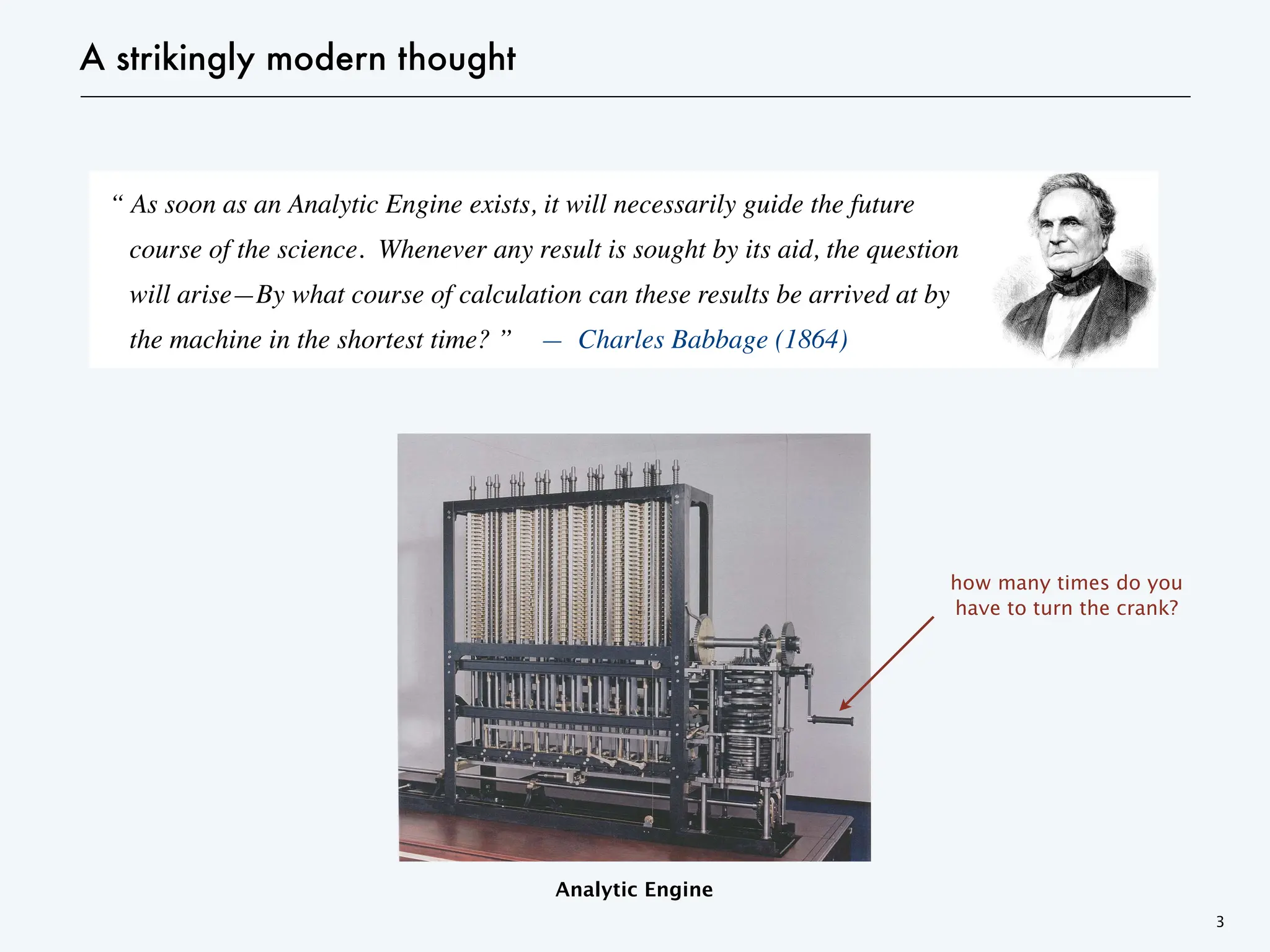 A strikingly modern thought
3
“ As soon as an Analytic Engine exists, it will necessarily guide the future
course of the science. Whenever any result is sought by its aid, the question
will arise—By what course of calculation can these results be arrived at by
the machine in the shortest time? ” — Charles Babbage (1864)
Analytic Engine
how many times do you
have to turn the crank?
 