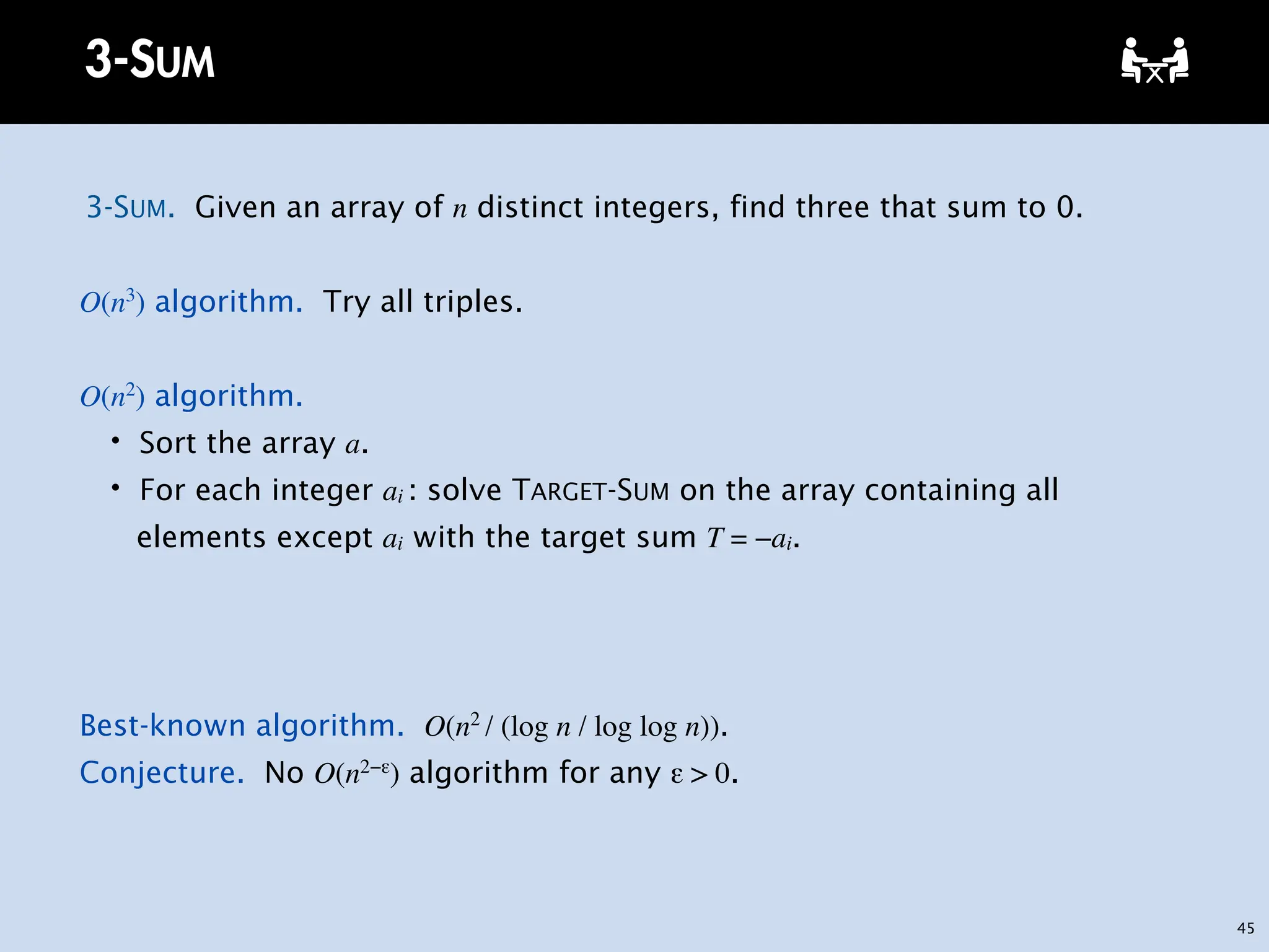 45
3-SUM
3-SUM. Given an array of n distinct integers, find three that sum to 0.
O(n3
) algorithm. Try all triples.
O(n2
) algorithm.
・Sort the array a.
・For each integer ai : solve TARGET-SUM on the array containing all
elements except ai with the target sum T = −ai.
Best-known algorithm. O(n2
/ (log n / log log n)).
Conjecture. No O(n2−ε) algorithm for any ε > 0.
 