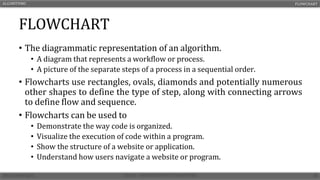 FLOWCHART
• The diagrammatic representation of an algorithm.
• A diagram that represents a workflow or process.
• A picture of the separate steps of a process in a sequential order.
• Flowcharts use rectangles, ovals, diamonds and potentially numerous
other shapes to define the type of step, along with connecting arrows
to define flow and sequence.
• Flowcharts can be used to
• Demonstrate the way code is organized.
• Visualize the execution of code within a program.
• Show the structure of a website or application.
• Understand how users navigate a website or program.
ALGORITHMS FLOWCHART
 