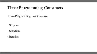 Three Programming Constructs
Three Programming Constructs are:
• Sequence
• Selection
• Iteration
 