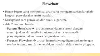 Flowchart
▪ Bagan-bagan yang mempunyai arus yang menggambarkan langkah-
langkah penyelesaian suatu masalah.
▪ Merupakan cara penyajian dari suatu algoritma.
▪ Ada 2 macam Flowchart :
–System Flowchart  urutan proses dalam system dengan
menunjukkan alat media input, output serta jenis media
penyimpanan dalam proses pengolahan data.
- Program Flowchart  urutan instruksi yang digambarkan dengan
symbol tertentu untuk memecahkan masalah dalam suatu program.
 