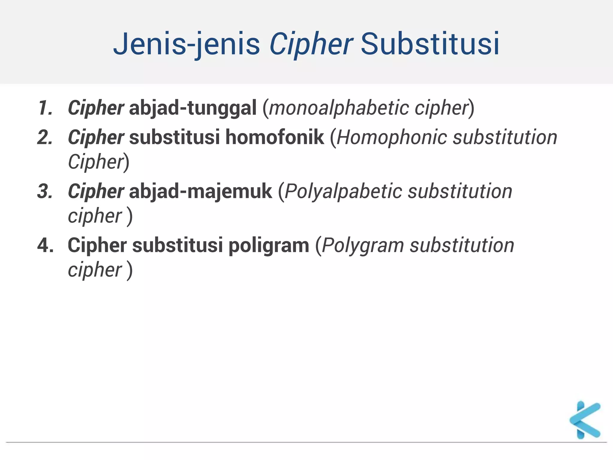 Jenis-jenis Cipher Substitusi 
1.Cipher abjad-tunggal (monoalphabetic cipher) 
2.Cipher substitusi homofonik (Homophonic substitution Cipher) 
3.Cipher abjad-majemuk (Polyalpabetic substitution cipher ) 
4.Cipher substitusi poligram (Polygram substitution cipher )  