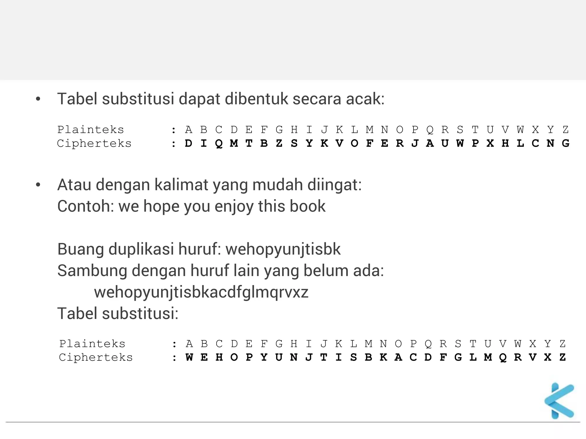 • Tabel substitusi dapat dibentuk secara acak: 
• Atau dengan kalimat yang mudah diingat: 
Contoh: we hope you enjoy this book 
Buang duplikasi huruf: wehopyunjtisbk 
Sambung dengan huruf lain yang belum ada: 
wehopyunjtisbkacdfglmqrvxz 
Tabel substitusi: 
Plainteks : A B C D E F G H I J K L M N O P Q R S T U V W X Y Z 
Cipherteks : D I Q M T B Z S Y K V O F E R J A U W P X H L C N G 
Plainteks : A B C D E F G H I J K L M N O P Q R S T U V W X Y Z 
Cipherteks : W E H O P Y U N J T I S B K A C D F G L M Q R V X Z 
 