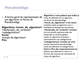 Pseudocódigo
11
 A forma geral da representação de
um algoritmo na forma de
Pseudocódigo
Algoritmo <nome_do_algoritmo>
<declaração_de_variáveis>
<subalgoritmos>
Início
<corpo do algoritmo>
Fim
Algoritmo é uma palavra que indica o
início da definição de um algoritmo
em forma de pseudocódigo.
<nome_do_algoritmo> é um nome
simbólico dado ao algoritmo com a
finalidade de distingui-los dos demais.
<declaração_de_variáveis> consiste
em uma porção opcional onde são
declaradas as variáveis globais
usadas no algoritmo principal e,
eventualmente, nos subalgoritmos.
<subalgoritmos> consiste de uma
porção opcional do pseudocódigo
onde são definidos os subalgoritmos.
Início e Fim são respectivamente as
palavras que delimitam o início e o
término do conjunto de instruções do
corpo do algoritmo.
 