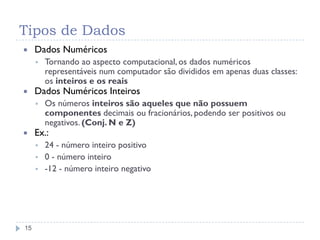 Tipos de Dados
15
 Dados Numéricos
 Tornando ao aspecto computacional, os dados numéricos
representáveis num computador são divididos em apenas duas classes:
os inteiros e os reais
 Dados Numéricos Inteiros
 Os números inteiros são aqueles que não possuem
componentes decimais ou fracionários, podendo ser positivos ou
negativos. (Conj. N e Z)
 Ex.:
 24 - número inteiro positivo
 0 - número inteiro
 -12 - número inteiro negativo
 
