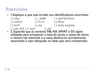 Exercícios
28
 1.Explique o que está errado nos identificadores incorretos.
( ) valor ( ) _b248 ( ) nota*do*aluno
( ) a1b2c3 ( ) 3 x 4 ( ) Maria
( ) km/h ( ) xyz ( ) nome empresa
( ) sala_215 ( ) “nota” ( ) ah!
 2. Supondo que as variáveis NB, NA, NMAT e SX sejam
utilizadas para armazenar a nota do aluno, o nome do aluno,
o número da matrícula e o sexo, declare-as corretamente,
associando o tipo adequado ao dado que será armazenado.
 