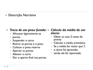 6
 Descrição Narrativa
 Troca de um pneu furado:
 Afrouxar ligeiramente as
 porcas
 Suspender o carro
 Retirar as porcas e o pneu
 Colocar o pneu reserva
 Apertar as porcas
 Abaixar o carro
 Dar o aperto final nas porcas
 Cálculo da média de um
aluno:
 Obter as suas 2 notas de
provas
 Calcular a média aritmética
 Se a média for maior que 7,
 o aluno foi aprovado,
 senão ele foi reprovado
 